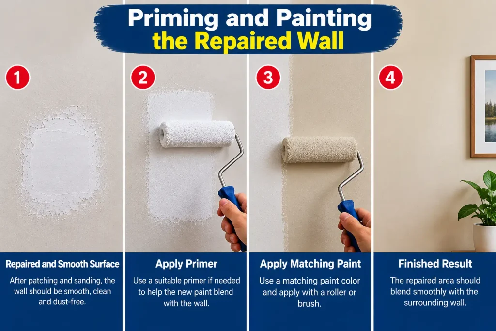 Priming and painting a repaired wall after patching a drywall hole
