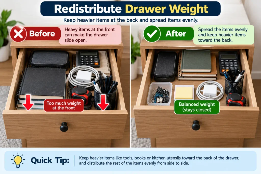 Redistributing drawer contents to prevent a drawer from sliding open