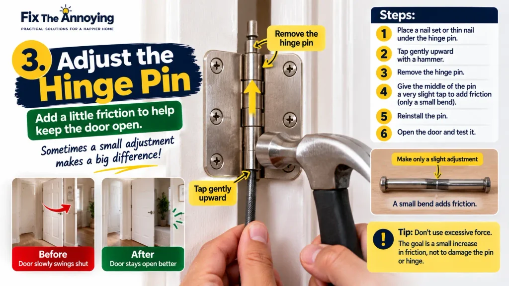 Removing a door hinge pin with a hammer and nail