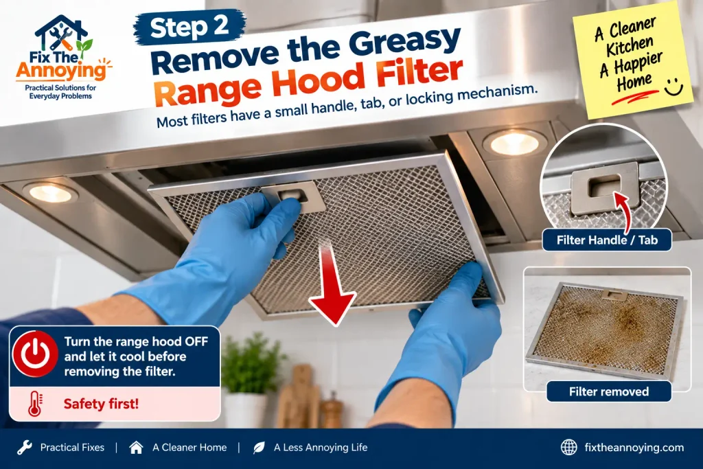 Removing a greasy metal range hood filter from underneath the hood