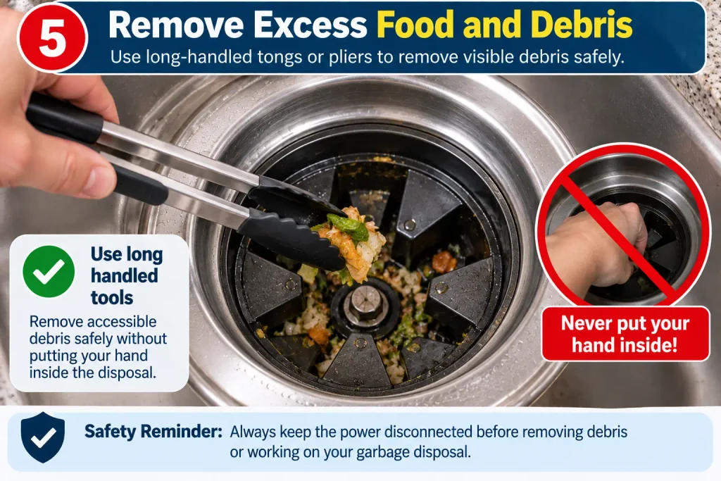 Removing food debris from a garbage disposal with long-handled tongs