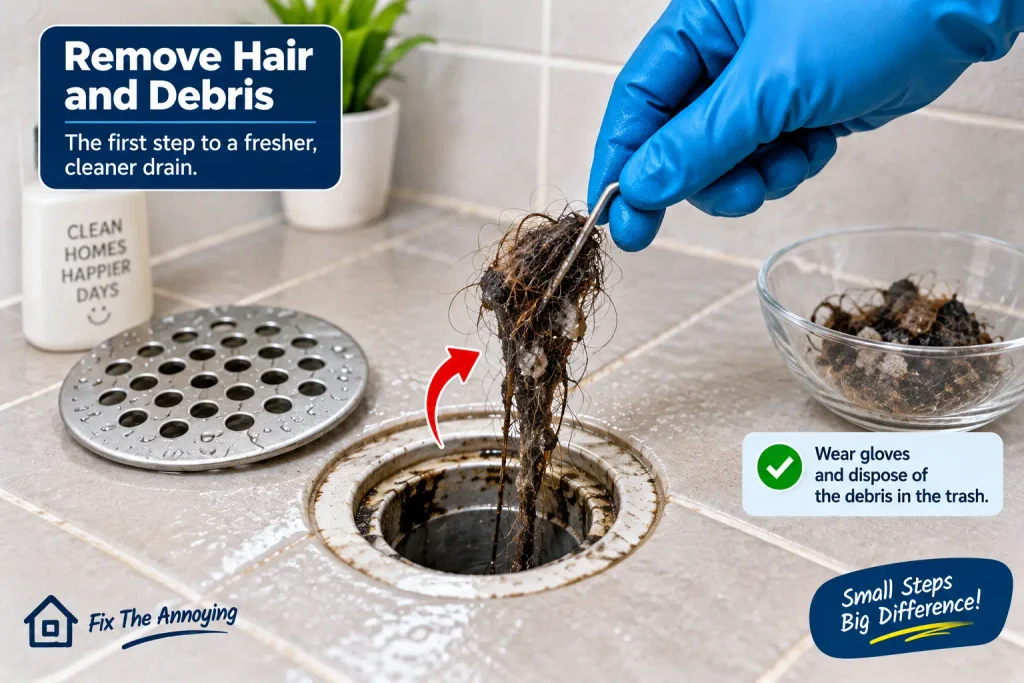 Removing hair and debris from a smelly shower drain