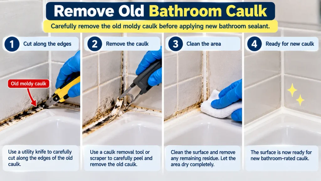 Removing old moldy bathroom caulk with a caulk removal tool