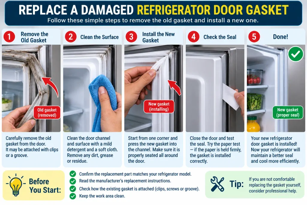 Replacing a damaged refrigerator door gasket with a compatible new seal
