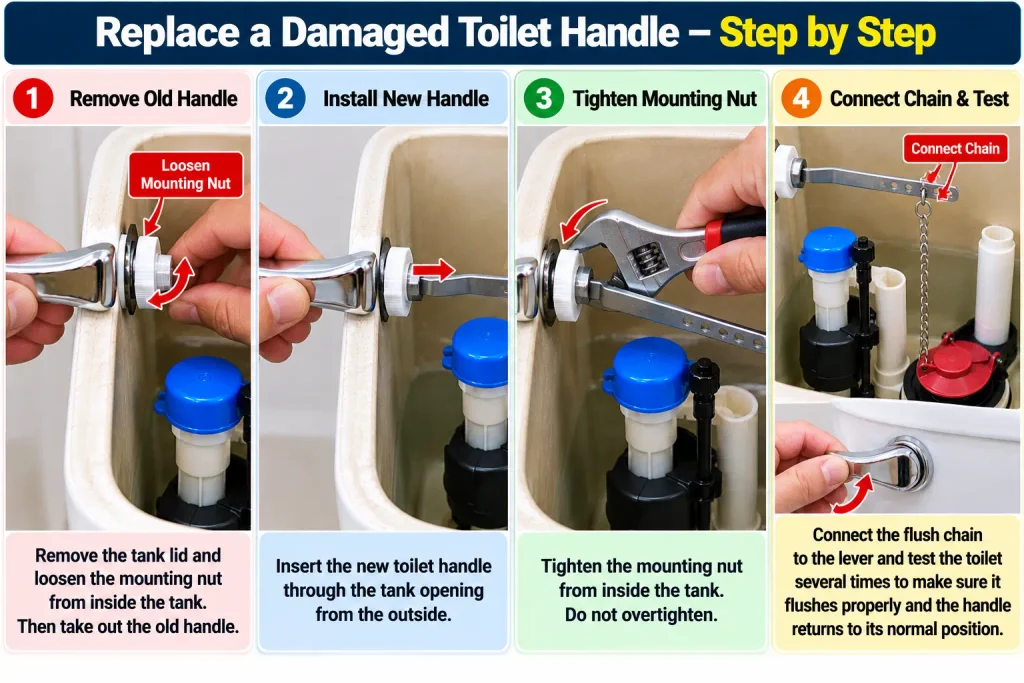 Replacing a damaged toilet handle and reconnecting the flush chain