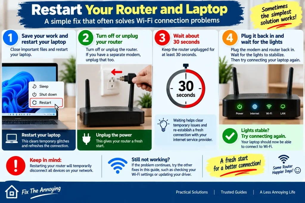 Restarting a Wi-Fi router and laptop to fix a connection problem