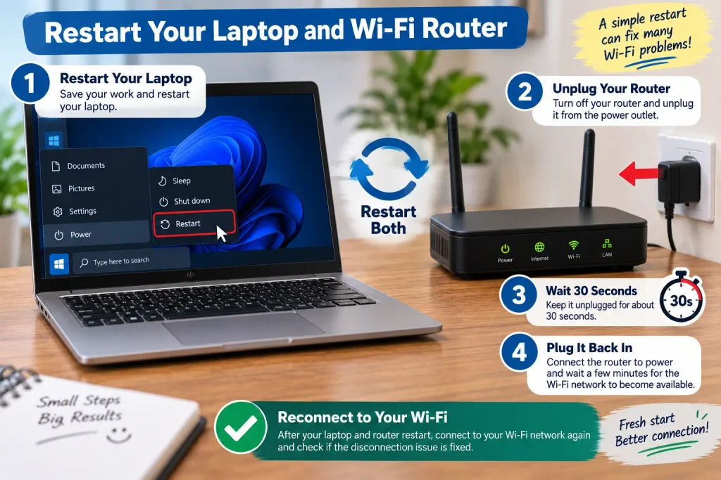 Restarting a laptop and Wi-Fi router to fix frequent Wi-Fi disconnections