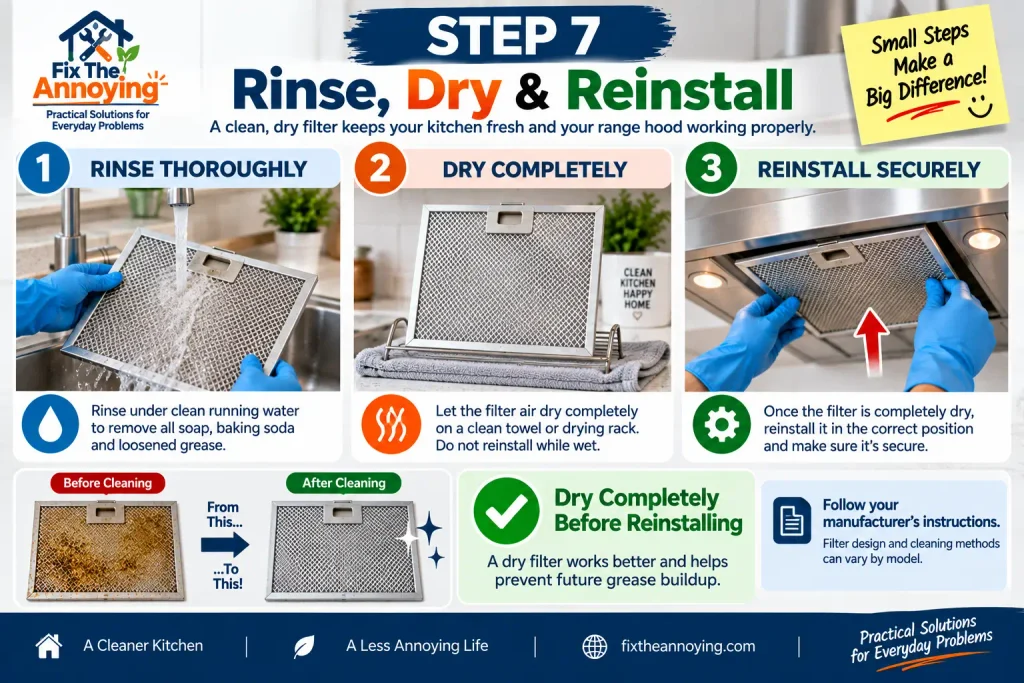 Rinsing drying and reinstalling a clean range hood filter