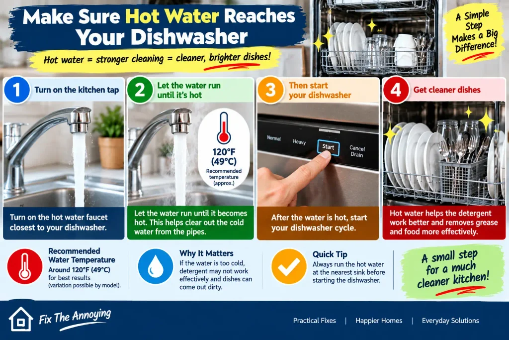 Running hot water before starting a dishwasher to improve cleaning