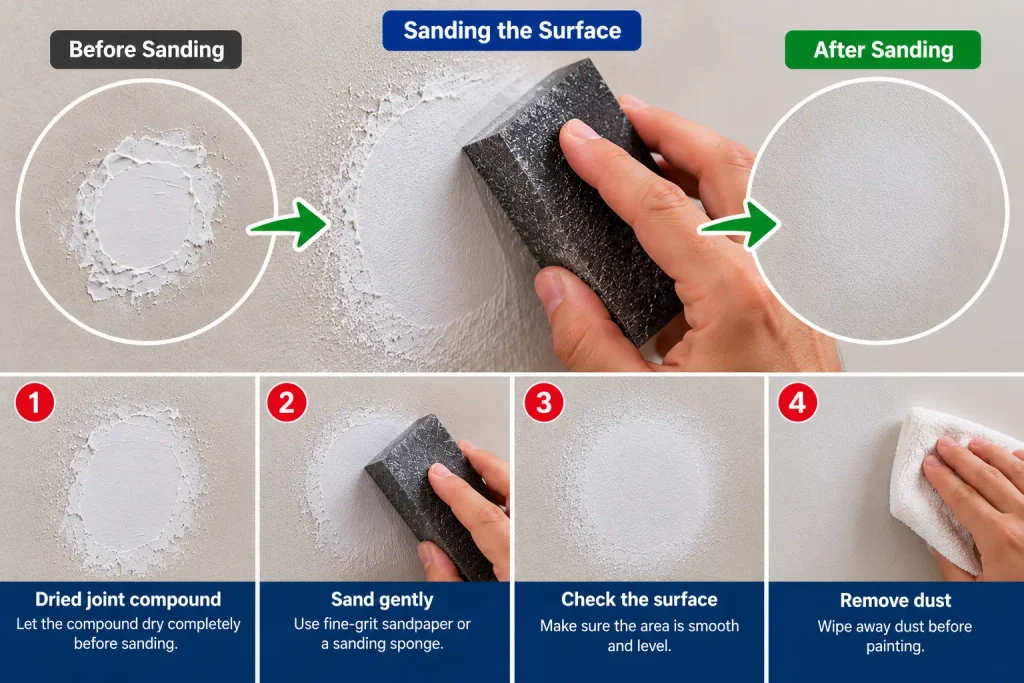 Sanding dried joint compound to smooth a repaired wall