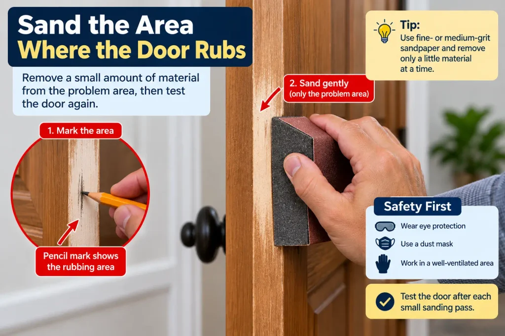Sanding the rubbing area of a sticking wooden door