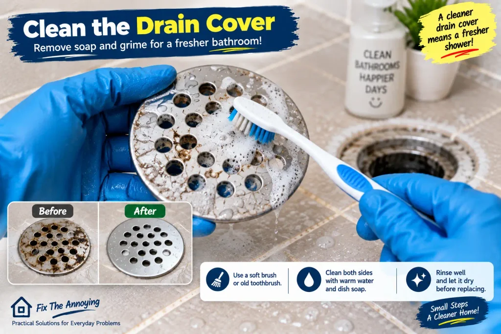 Scrubbing a shower drain cover to remove soap and grime buildup