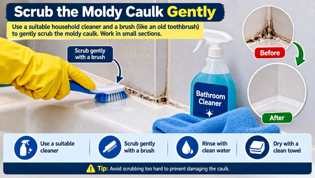 Scrubbing black mold stains from bathroom caulk with a brush