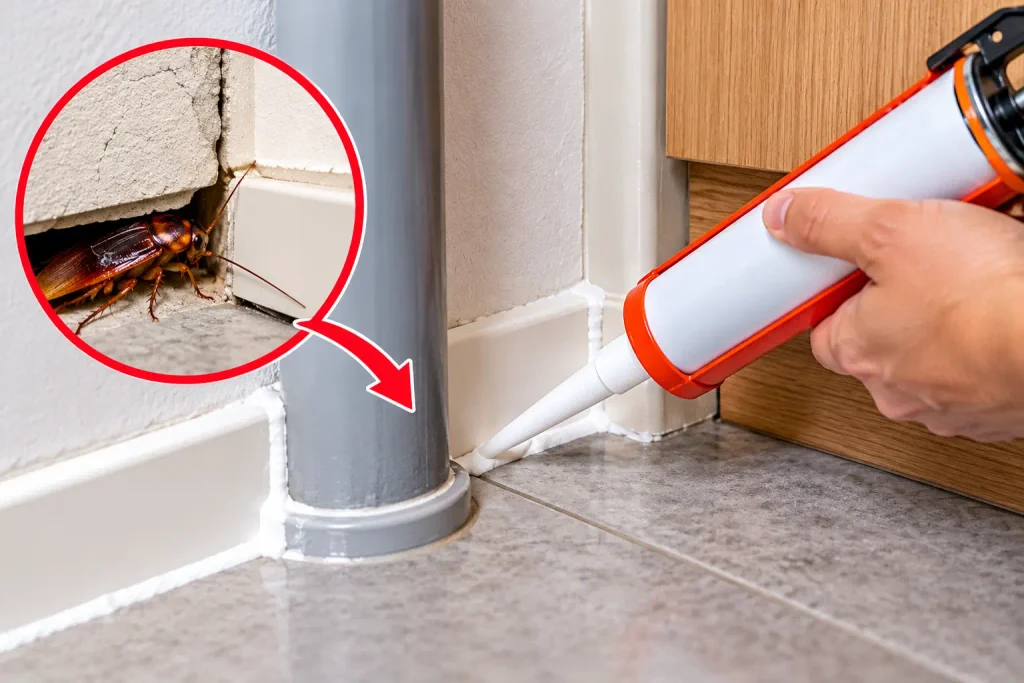 Sealing a small crack around a pipe to prevent cockroaches from entering