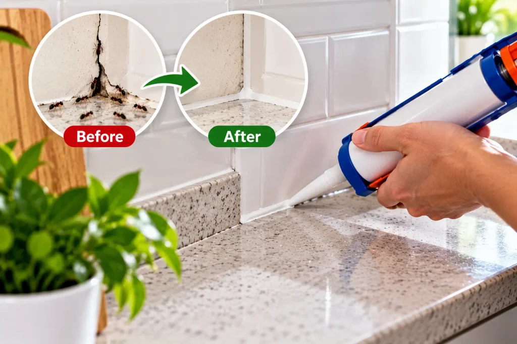 Sealing a small kitchen crack where ants may enter