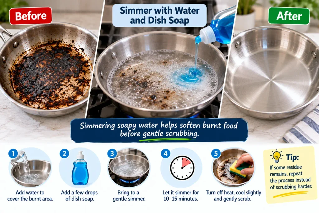 Simmering water and dish soap in a burnt stainless steel pan