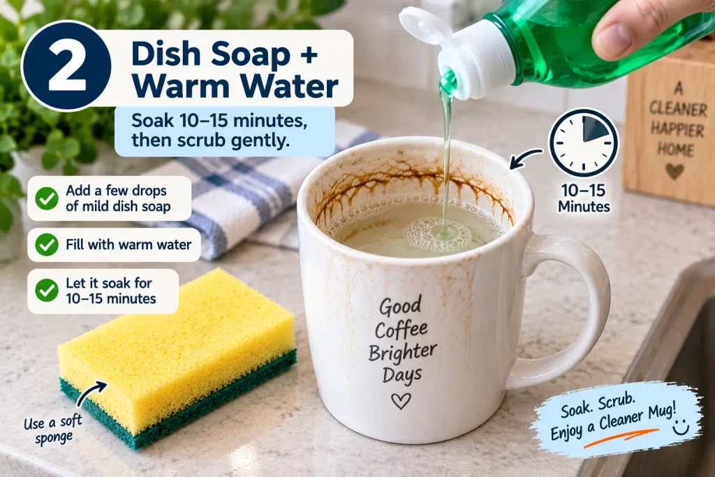 Soaking a coffee-stained mug with dish soap and warm water