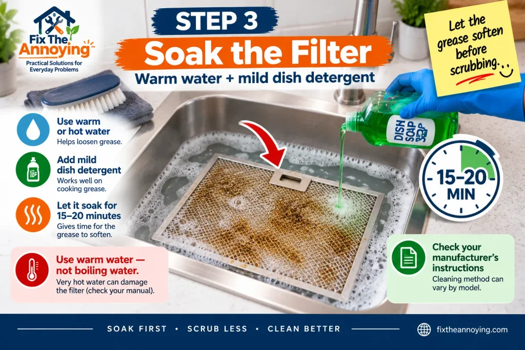 Soaking a greasy range hood filter in warm water and dish soap