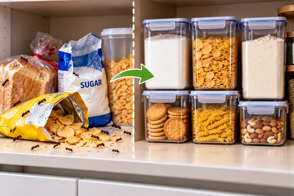 Storing kitchen food in sealed containers to help prevent ants