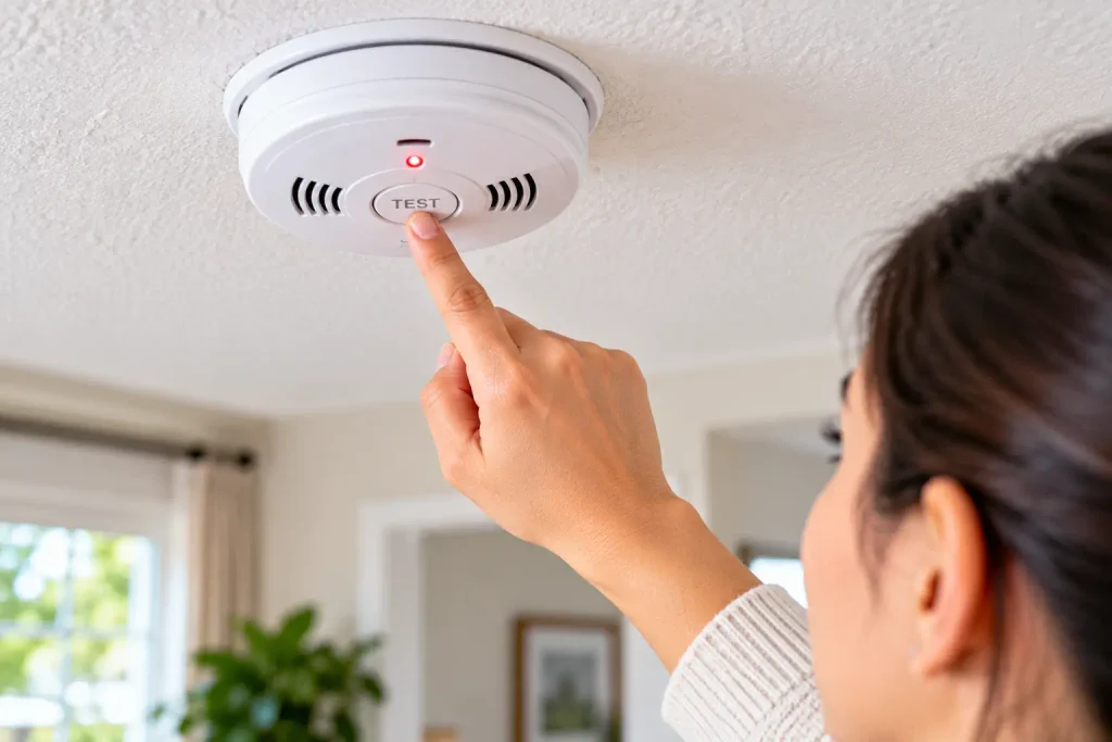 Testing a smoke alarm during a monthly home safety check
