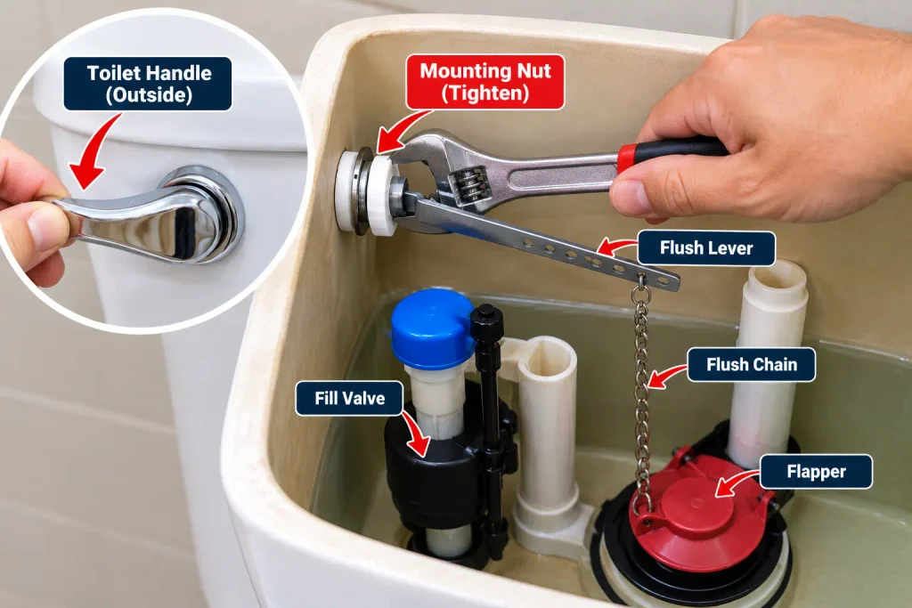 Tightening a loose toilet handle mounting nut inside the tank