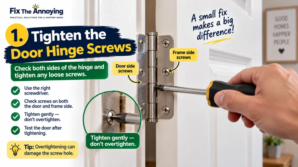 Tightening loose door hinge screws to stop a door from swinging shut