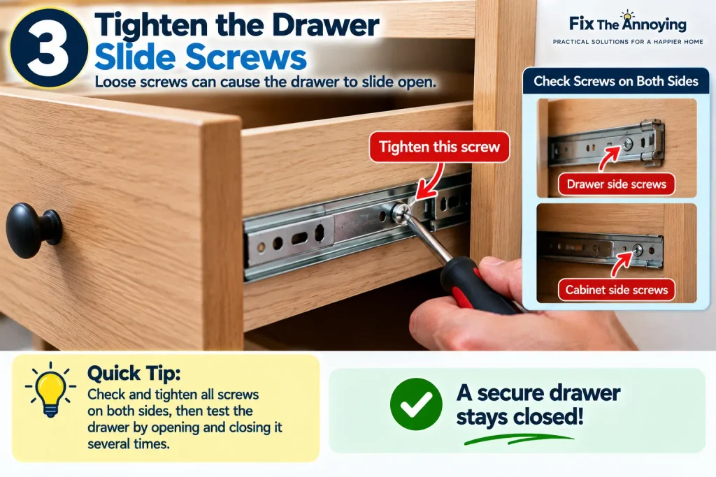 Tightening loose drawer slide screws on a cabinet