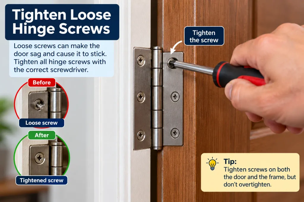 Tightening loose hinge screws to fix a sticking door