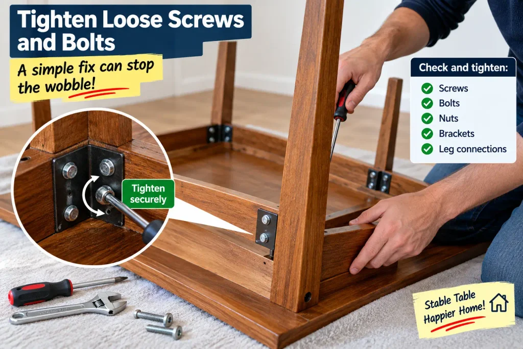 Tightening loose screws and bolts on a wobbly table