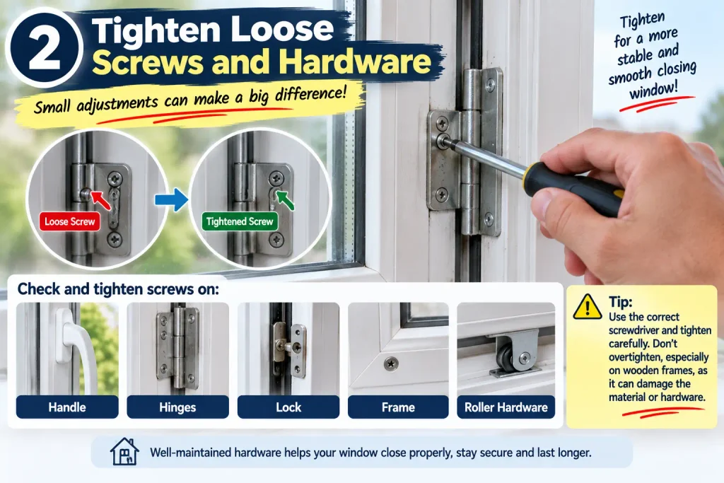 Tightening loose window screws and hardware to fix a window that will not close