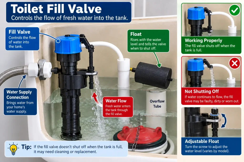 Toilet fill valve controlling water entering the tank