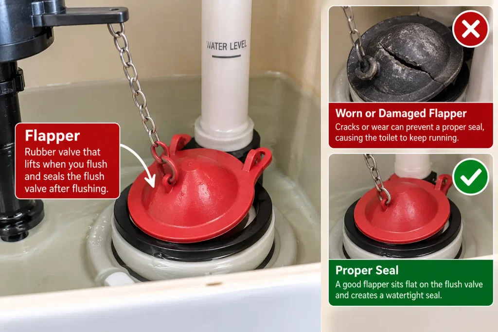 Toilet flapper at the bottom of the tank creating a water seal