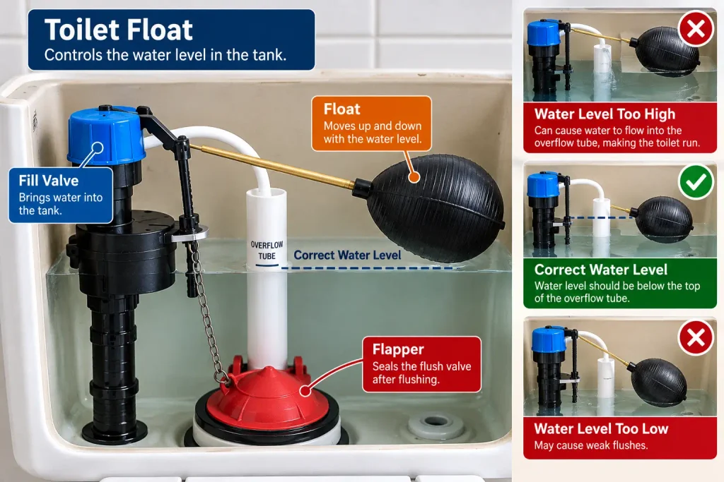 Toilet float controlling the water level inside the tank