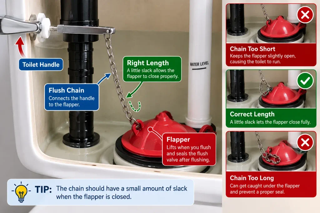 Toilet flush chain with proper slack connected to the flapper