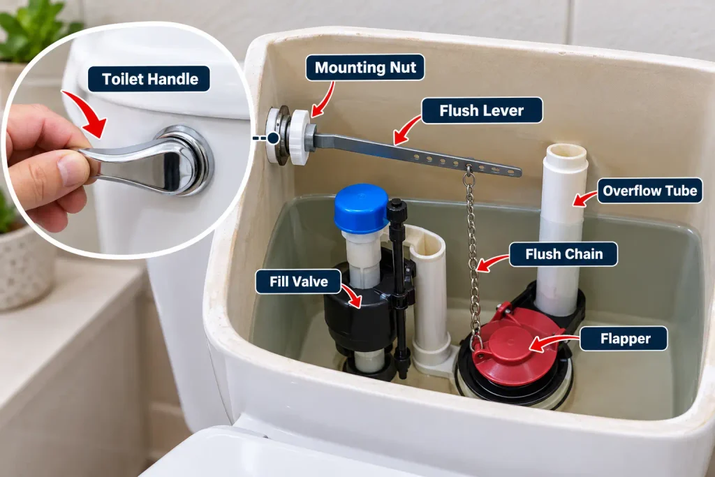 Toilet handle and flush mechanism inside the tank