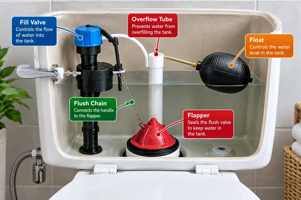 Toilet tank showing the flapper, fill valve, float and overflow tube
