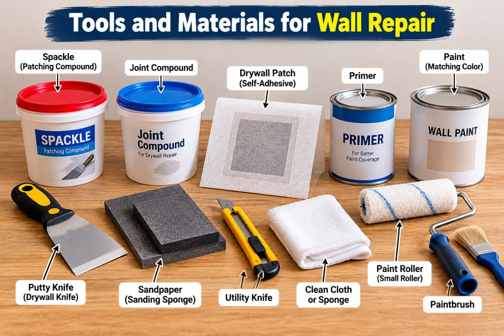 Tools and materials needed to repair a hole in a wall
