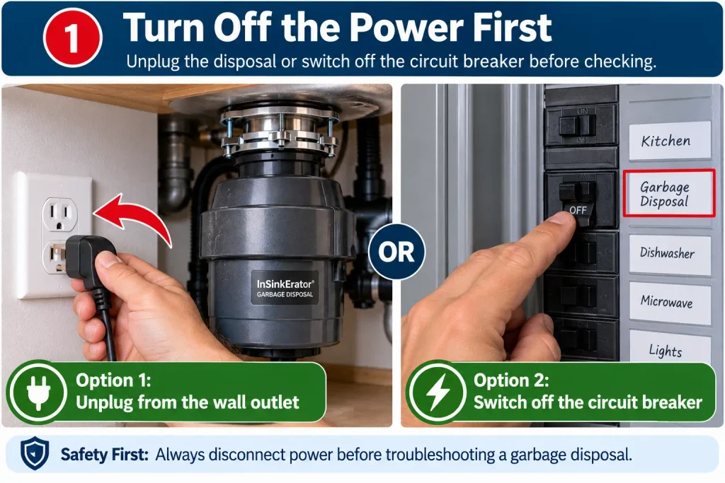 Unplugging a garbage disposal and turning off the circuit breaker for safety