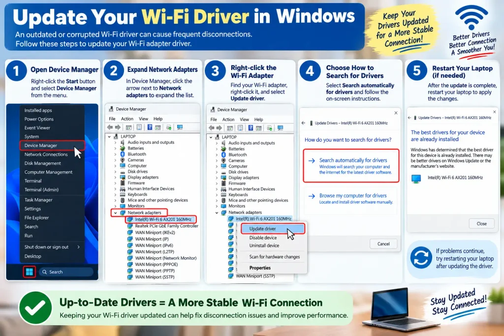 Updating a laptop Wi-Fi adapter driver in Windows Device Manager