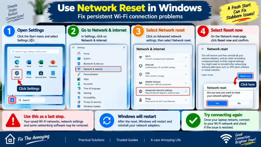 Using Network Reset in Windows to fix Wi-Fi connection problems