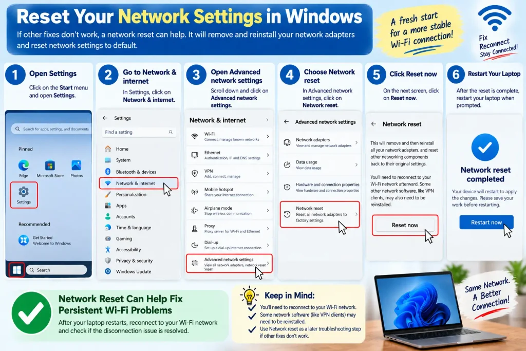 Using Windows Network reset to fix repeated Wi-Fi disconnections