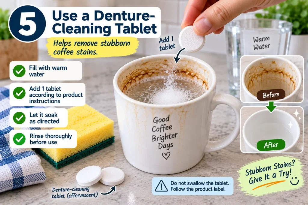 Using a denture-cleaning tablet to remove stains from a coffee mug