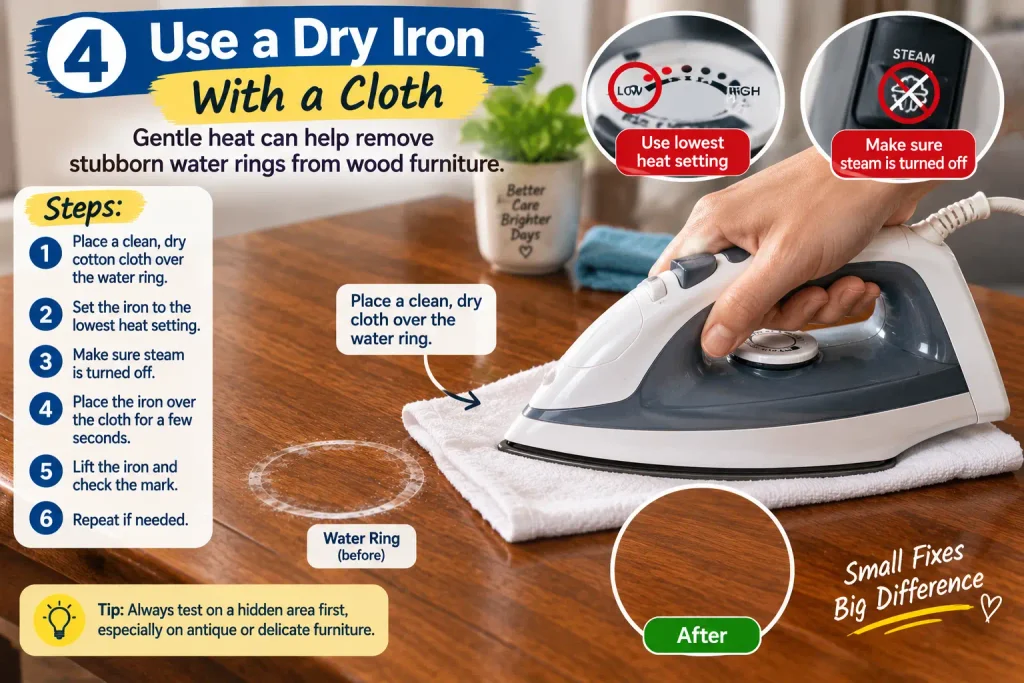 Using a dry iron over a cloth to remove a water ring from wood furniture