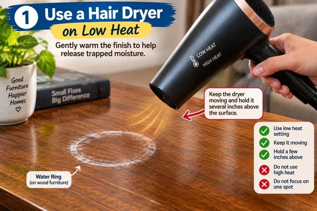Using a hair dryer on low heat to remove a water ring from wood furniture