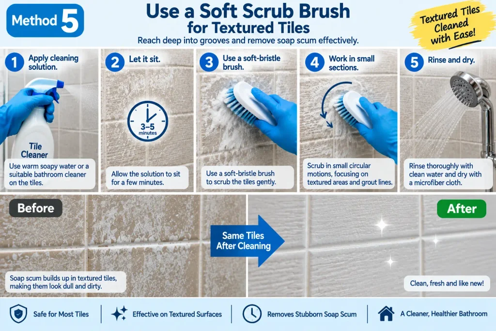 Using a soft brush to clean soap scum from textured bathroom tiles