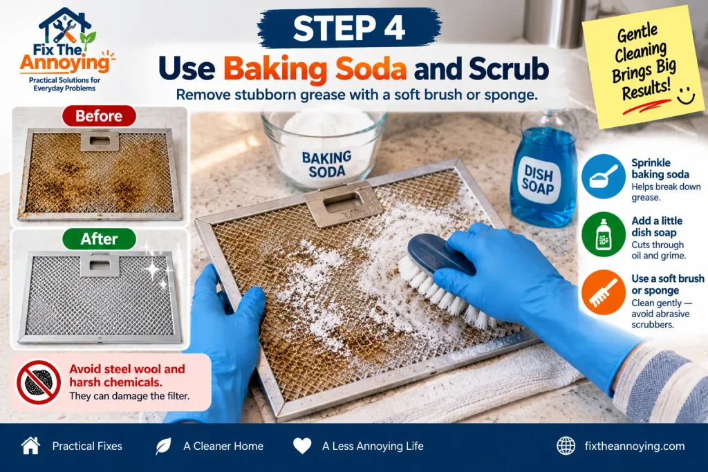 Using baking soda and a soft brush to remove stubborn grease from a range hood filter