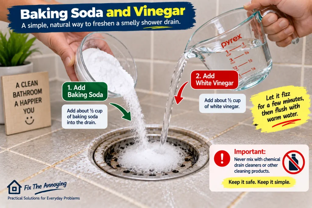 Using baking soda and white vinegar to freshen a smelly shower drain
