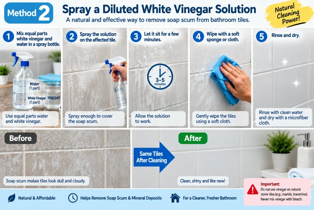 Using diluted white vinegar to remove soap scum from bathroom tiles