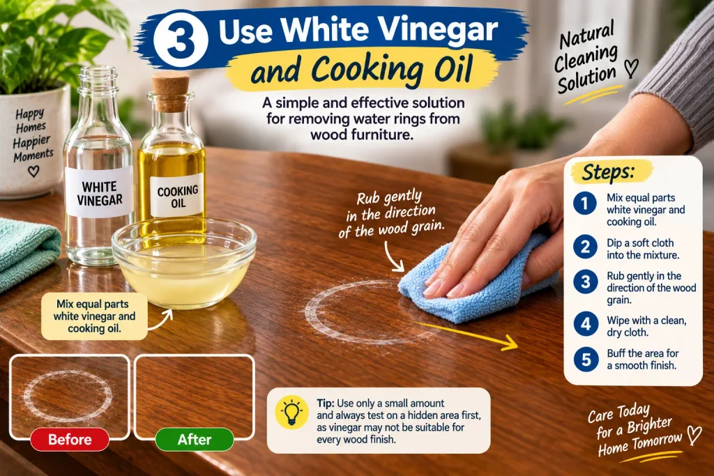 Using vinegar and cooking oil to remove a water ring from wood furniture