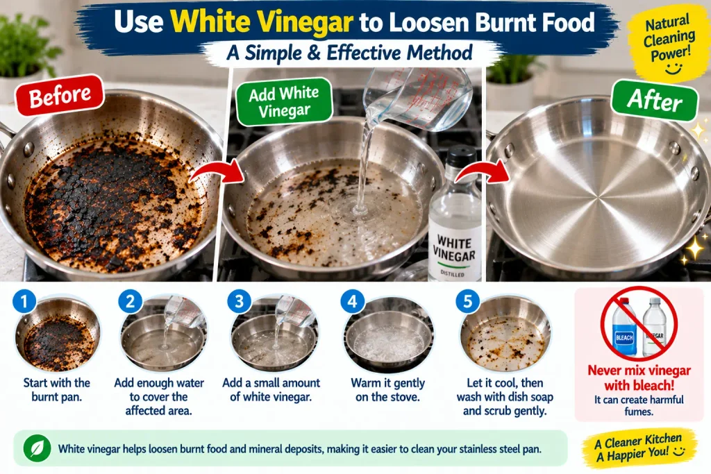 Using white vinegar and water to loosen burnt food from a stainless steel pan